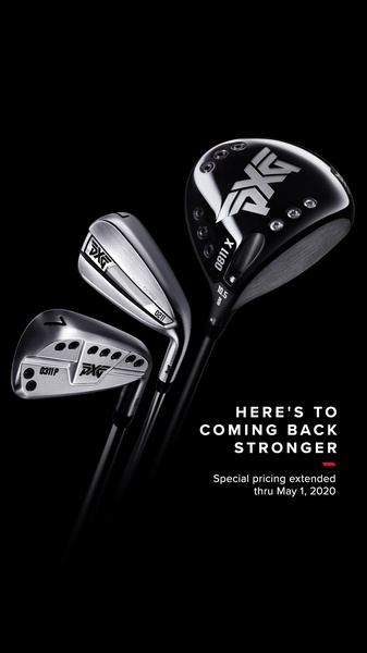 A high-contrast, professional-grade studio product display featuring professional golf equipment with a clear seasonal pricing extension.