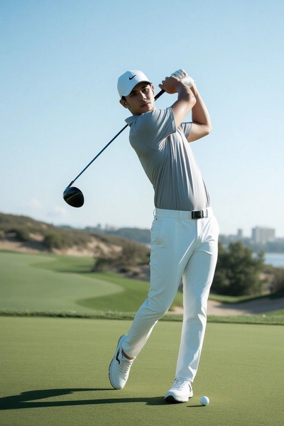 A high-quality action shot of a golfer mid-swing, showcasing the fit and performance-ready design of a golf shirt in a natural, open-air environment.