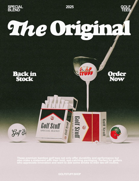 A stylized promotional image for premium bamboo golf tees, using a vintage tobacco-brand aesthetic and bold typography.
