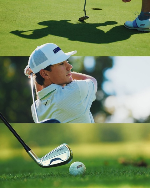 A high-quality, three-part sequence featuring a golfer in motion, a close-up of an iron at address, and a putting green shot to highlight equipment precision.