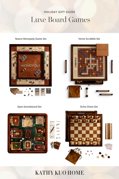 A sophisticated grid-style layout showcasing premium board game sets as a cohesive luxury gift collection.
