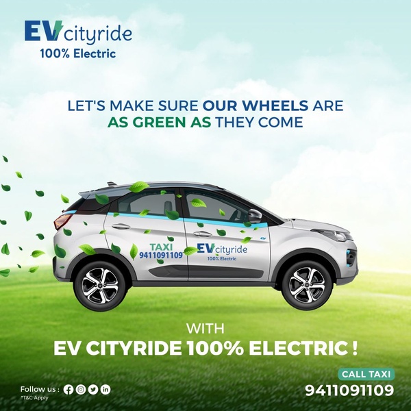 A promotional image for an electric taxi service featuring a car surrounded by green leaves to symbolize eco-friendly transportation.