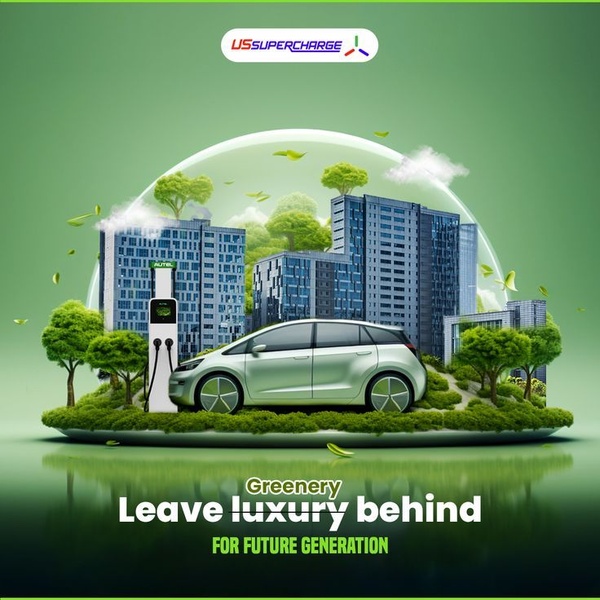 A conceptual visual showing an electric vehicle charging station encased in a protective glass dome surrounded by lush greenery and modern city buildings.