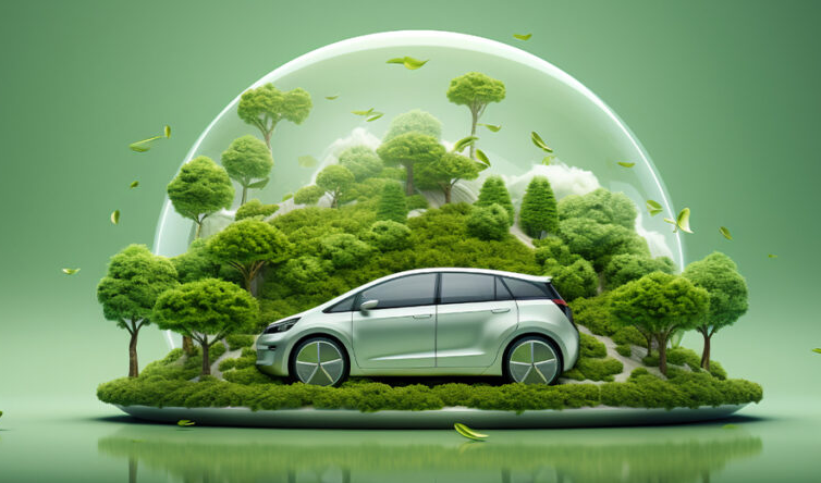 A sleek electric car housed inside a glass bubble filled with lush greenery and trees, symbolizing zero-emissions and environmental harmony.