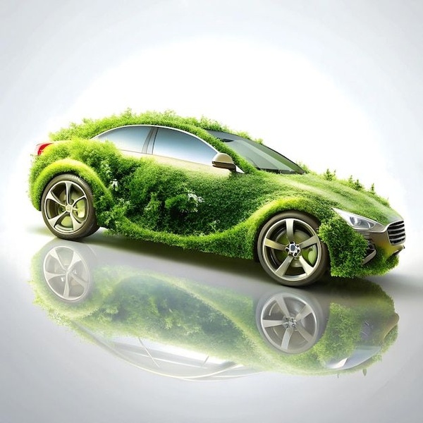 A high-concept, surreal visual showing a modern car completely covered in lush green moss and foliage, blending automotive design with organic nature.
