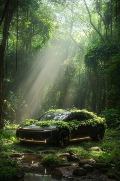 A high-end electric vehicle integrated into a vibrant, sun-drenched jungle environment to evoke sustainability and premium technology.