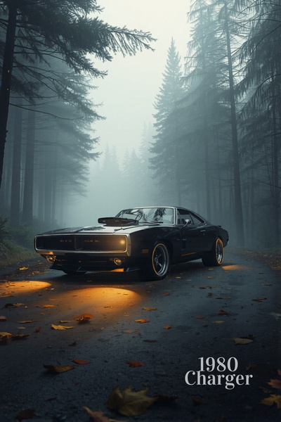 A high-contrast, moody aesthetic shot of a 1980 Charger parked on a misty road surrounded by a dense, dark forest.
