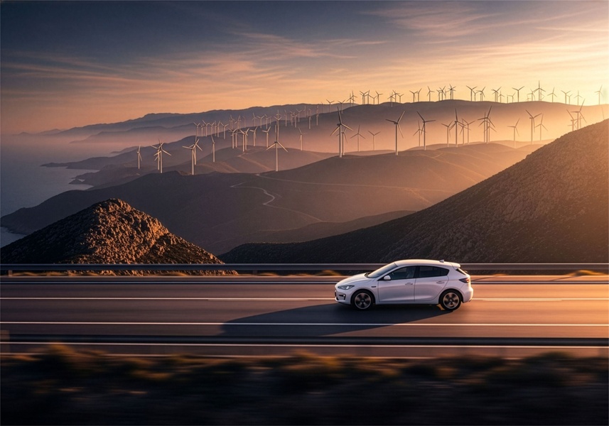 A sleek white electric car driving along a highway at sunset against a backdrop of wind turbines and rolling hills.