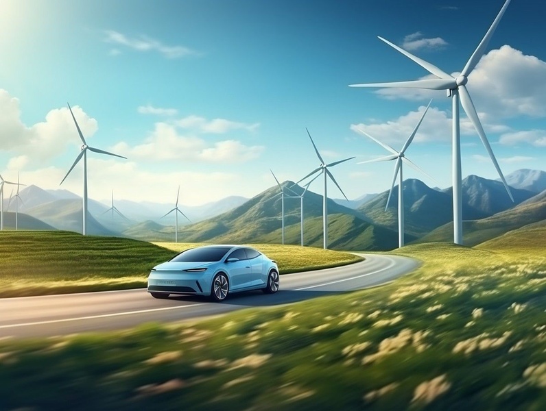 This creative features an electric vehicle driving on a scenic road surrounded by wind turbines, emphasizing a clean, sustainable future.