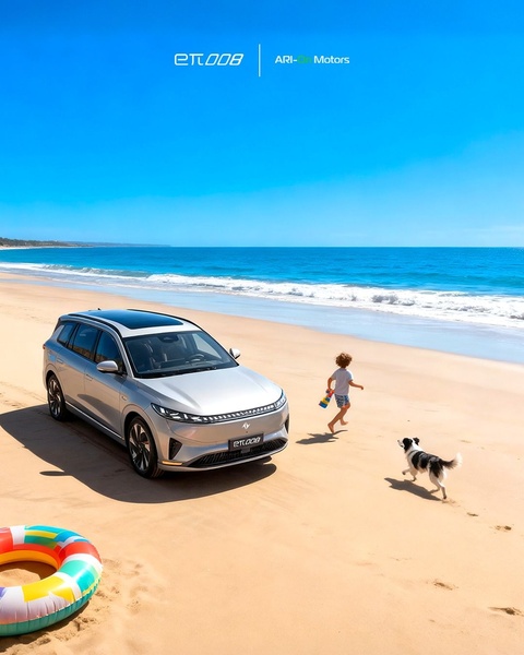 A high-end electric SUV parked on a sunny, empty beach with a child and dog running nearby, emphasizing freedom and family lifestyle.