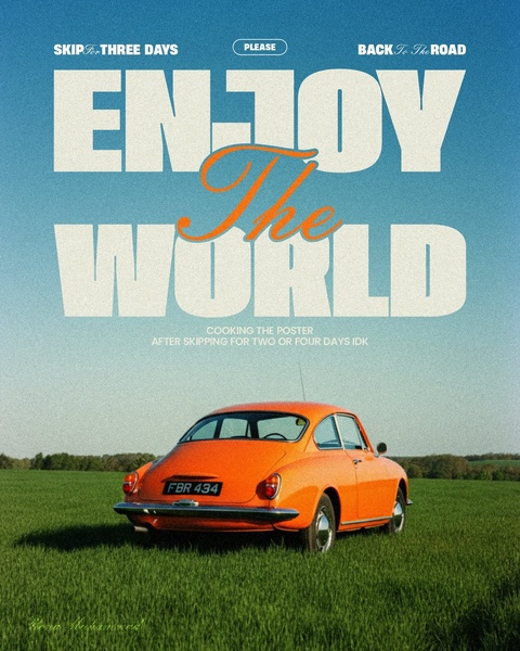 A retro-styled 4:5 vertical poster featuring an orange classic car in a field, utilizing bold, clean typography to evoke a sense of travel and freedom.