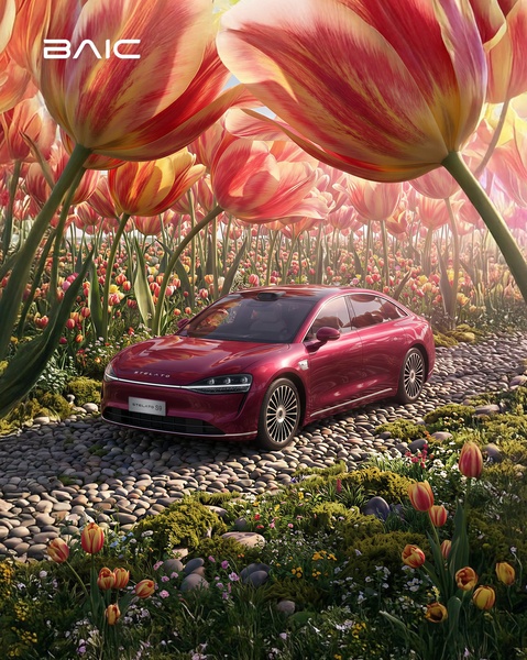 A high-end sedan parked on a stone path surrounded by a field of oversized, vibrant tulips.