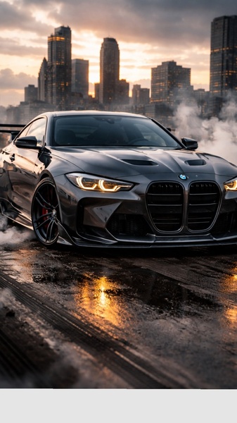 A high-performance BMW M4 coupe parked on a wet, reflective city street at sunset, framed by skyscrapers and atmospheric smoke.
