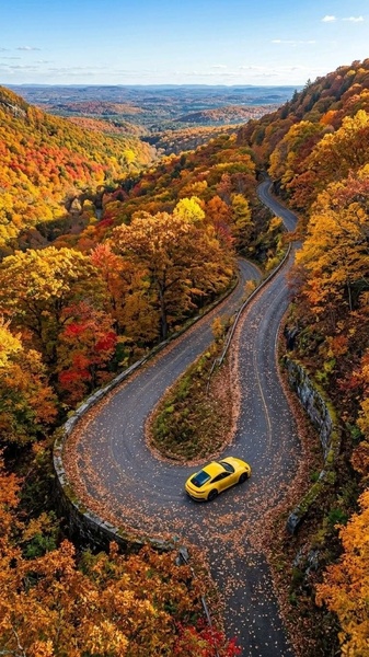 A top-down aerial view of a bright yellow sports car navigating a sharp hairpin turn on a winding road surrounded by dense, vibrant autumn foliage.