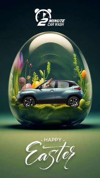 A creative product placement showing a car inside a decorative glass easter egg, surrounded by plants and eggs.