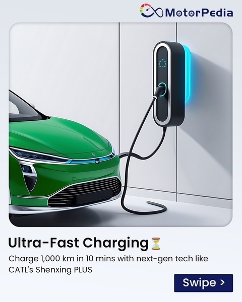 A high-contrast visual featuring an electric vehicle charging station connected to a bright green car, emphasizing speed through minimalist design and bold typography.