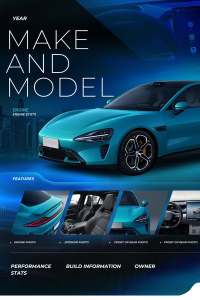 A high-tech specification layout highlighting luxury sports car features, engine performance, and design details in a clean, dark-themed interface.