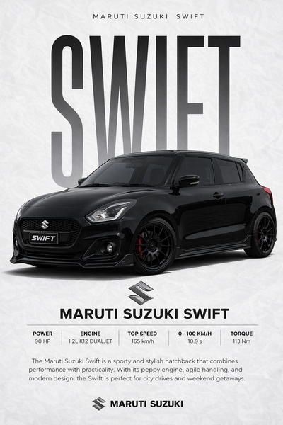 A clean, monochromatic ad creative that displays the Maruti Suzuki Swift with its key mechanical specifications listed clearly below the vehicle image.