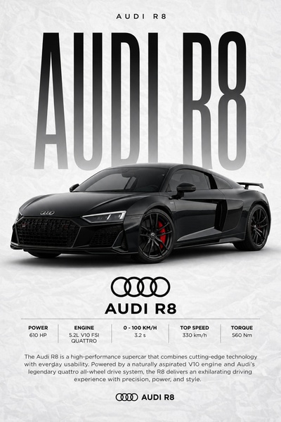 A high-performance sports car ad featuring a clean, minimalist design with a centered product shot and a clearly delineated table of performance specifications.