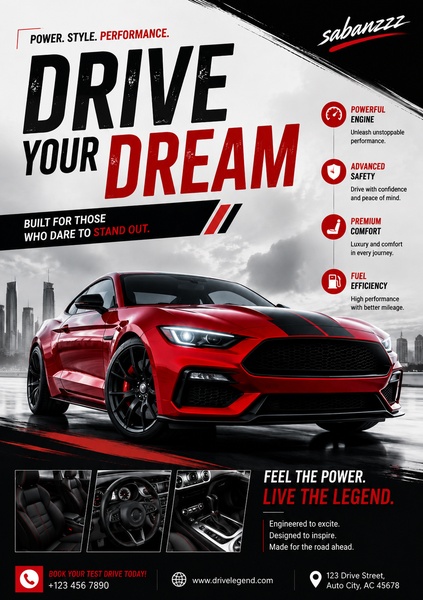 A high-performance sports car ad featuring a sleek red vehicle with bold typography and clear benefit icons for engine, safety, comfort, and mileage.