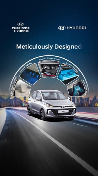 This ad creative utilizes a starburst visual array to showcase specific interior comfort and technology features of a silver sedan against a night skyline background.