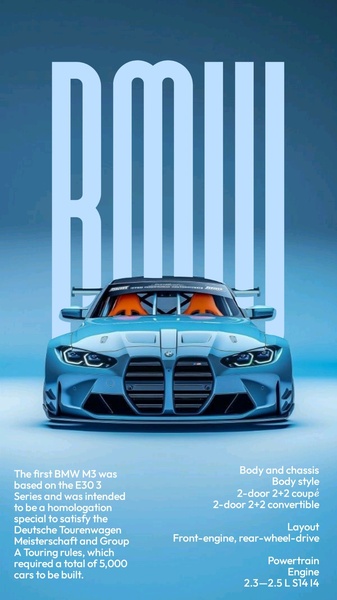 A 9:16 vertical graphic showcasing a high-performance BMW M3 with technical specifications and historical context for the model.