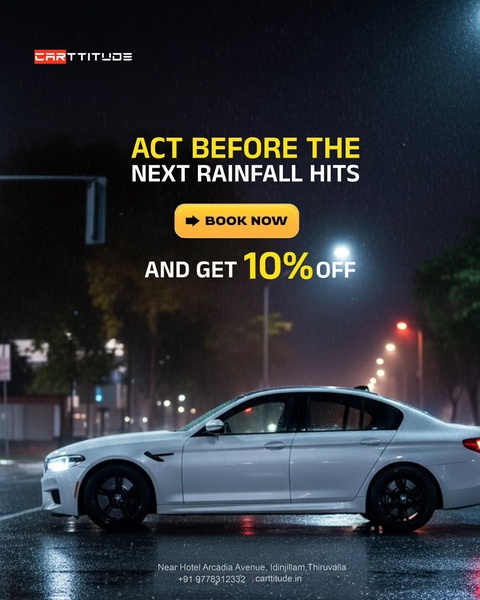 A high-contrast 4:5 vertical ad featuring a luxury vehicle in the rain, highlighting a time-sensitive 10% discount to drive immediate service bookings.