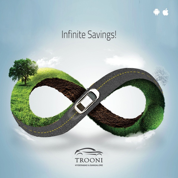 A high-concept visual ad showing a car driving on a road shaped like an infinity symbol, set against a nature-infused backdrop to represent continuous savings.