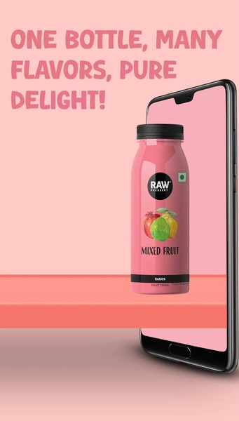 A high-contrast 9:16 vertical creative featuring a bottle of mixed fruit drink emerging from a smartphone frame against a soft pink background.