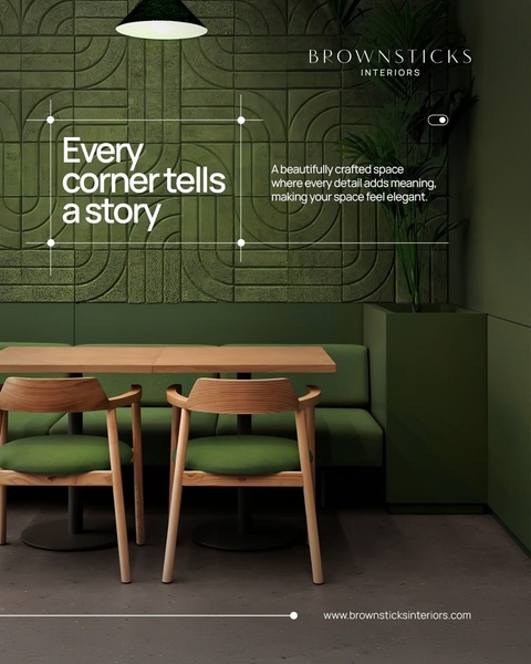 A high-end interior design ad showcasing textured wall panels in a modern, moody cafe setting.