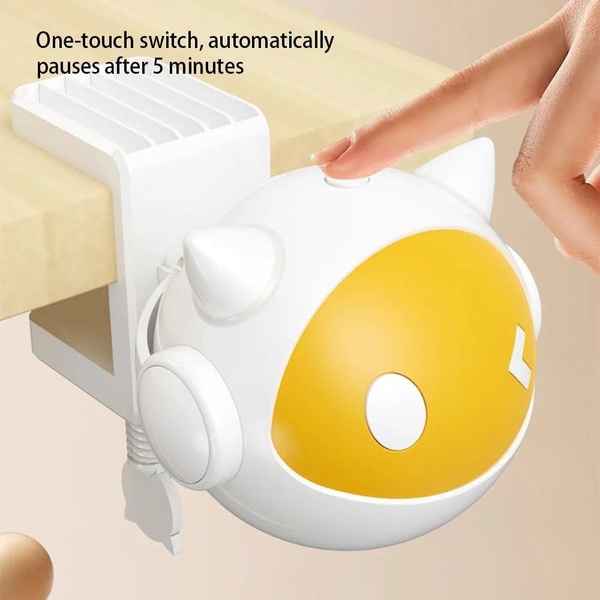 A close-up shot showing a user activating a cat toy with a simple one-touch button, emphasizing the ease of use and automated five-minute shutoff feature.