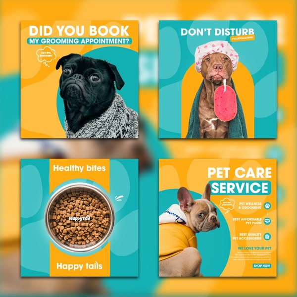 A four-slide carousel ad for pet care services, featuring a dog-focused hook, grooming service highlight, food product display, and a final CTA with brand benefits.
