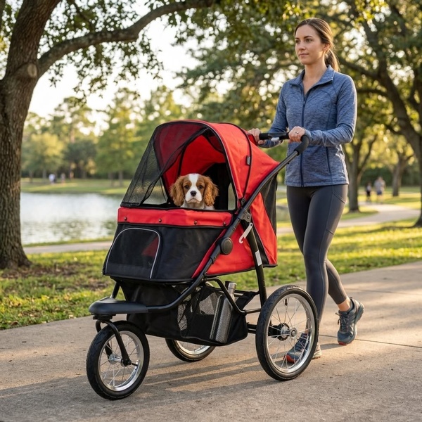 A high-quality lifestyle shot showing a woman walking a small dog in a red dog stroller, demonstrating product utility in a natural, outdoor setting.