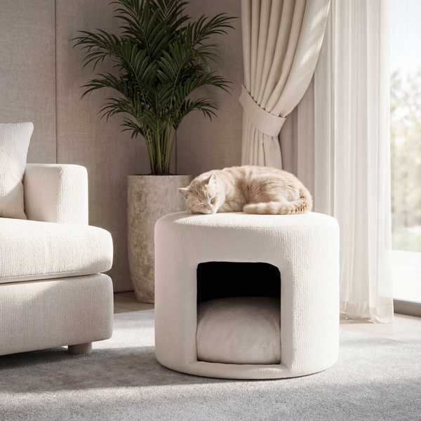 A high-quality lifestyle shot featuring a cat sleeping on a neutral-toned ottoman that doubles as a pet bed in a bright, modern living room.