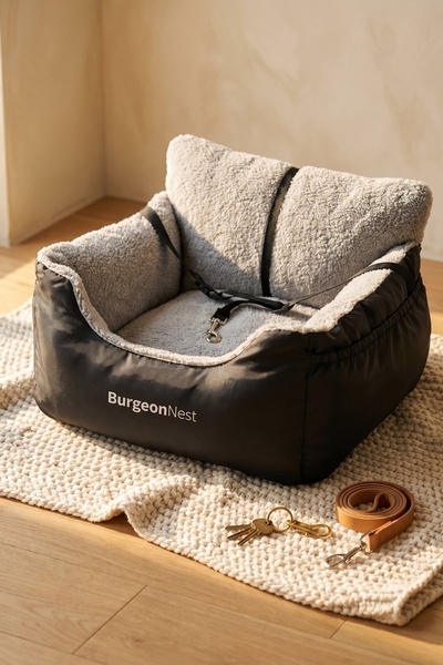 A clean, high-end studio shot of a dog car seat placed on a textured surface, evoking a sense of safety and premium quality.