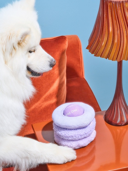 A high-quality studio shot of a fluffy dog toy with a tennis ball center, presented against a bold orange and blue backdrop.