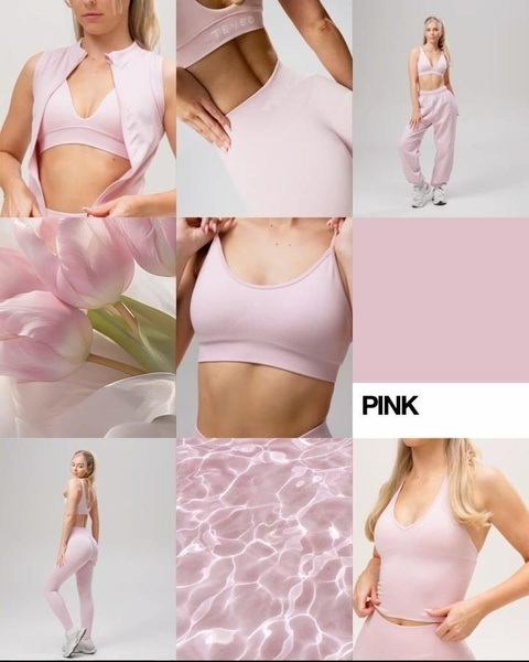 activewear set, sports bra, workout leggings, gym outfit, athletic wear, fitness clothing, new arrival, product launch, editorial, lifestyle, fresh, calm, pink, neutral