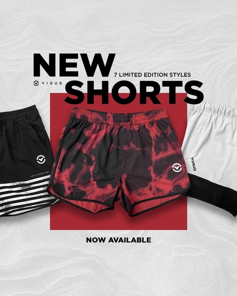 A high-contrast, minimalist promotional graphic showcasing three unique styles of athletic shorts against a neutral textured background.