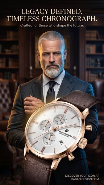 chronograph watch, leather strap watch, dress watch, analog watch, wrist watch, luxury watch, brand awareness, product launch, editorial, lifestyle, luxurious, bold, brown, neutral, gold