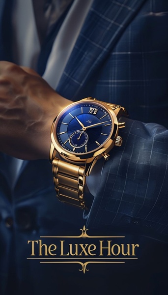 dress watch, analog watch, gold watch, wrist watch, luxury watch, metal bracelet watch, brand awareness, product launch, editorial, lifestyle, luxurious, bold, blue, gold