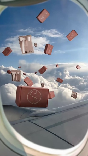 A surreal visual ad displaying branded gift bags and boxes floating in the sky against a bright blue cloud backdrop viewed from an airplane window.