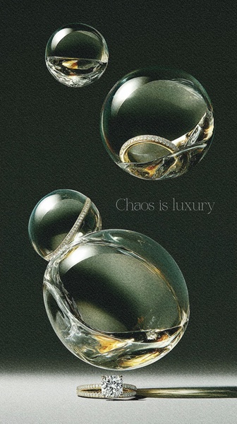 A high-fashion, surrealist composition featuring a diamond ring suspended in transparent bubbles against a dark, textured backdrop.