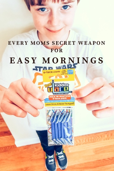 A close-up shot of a young boy holding a pack of no-tie laces with text overlay highlighting the convenience for busy parents.