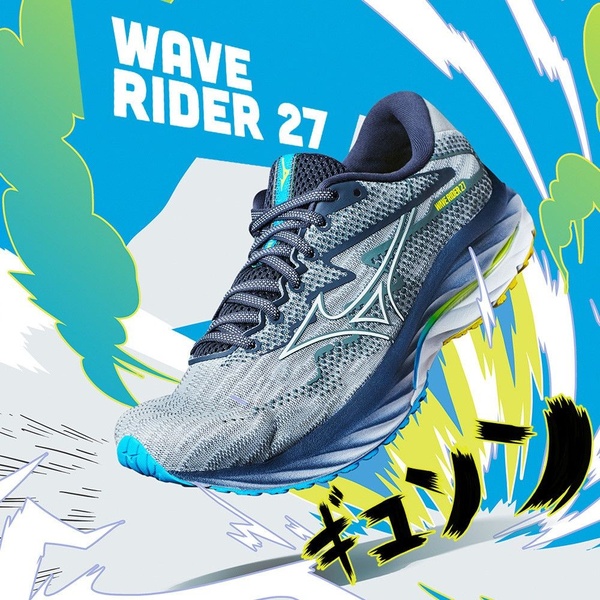 A dynamic, graphic-heavy advertisement for the Wave Rider 27 running shoe, using speed lines and manga-inspired energy symbols to convey movement.