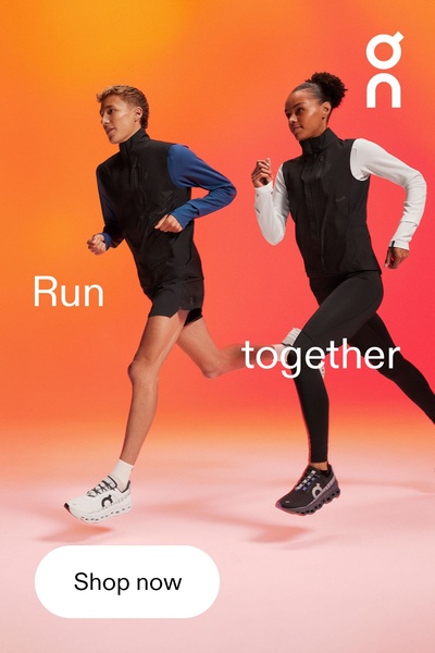 A high-energy, vertical-format creative showing two runners in motion against a bold gradient background with minimalist typography.