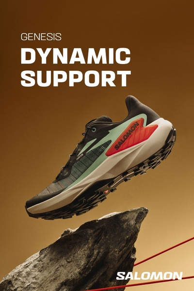 A high-end product creative featuring a running shoe floating above a jagged stone, utilizing a professional studio background and strong typography to highlight technical features.