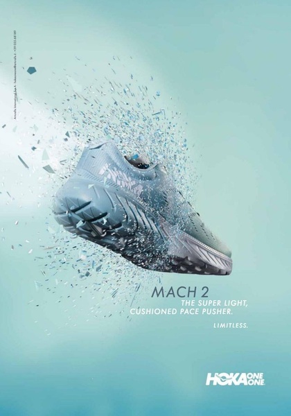 This creative features a running shoe surrounded by a cloud of shattered glass particles against a soft teal background to symbolize explosive speed and minimal weight.