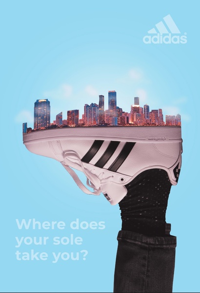 A high-concept creative featuring a running shoe filled with a glowing city skyline, posed against a soft blue background.