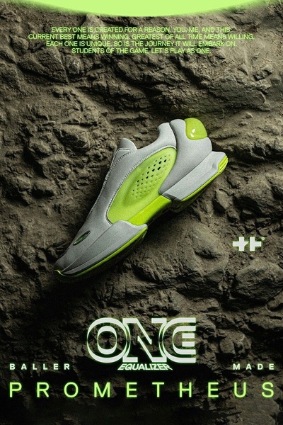 A high-contrast advertisement for a performance running shoe, featuring the product floating against a rugged, dark, stone-textured background with neon green branding accents.