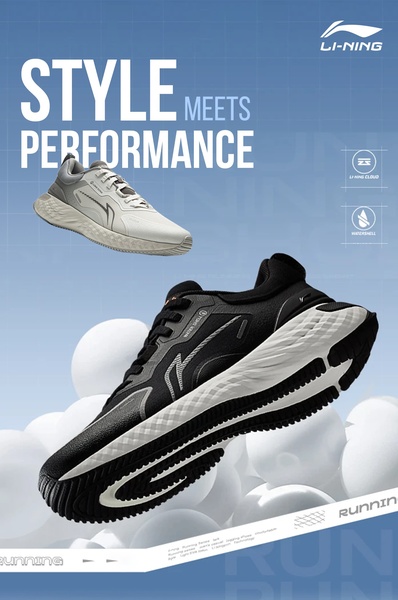 A clean, studio-lit display of two running shoe models floating against a gradient blue background with soft geometric shapes.